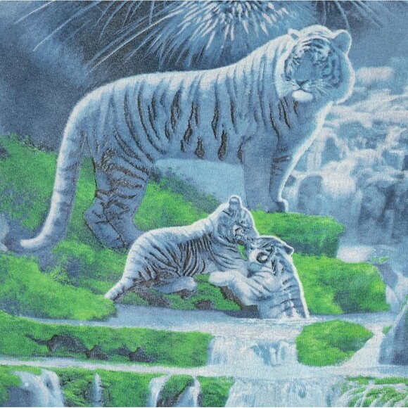 Vintage Liquid Blue Moonlit White Tiger on Blue Tie-Dyed Short Sleeve Tee Size L - Picture 5 of 8